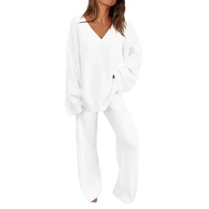 REBECCA™ - Women’s 2-Piece Lounge Set Soft Chunky V-Neck Top & Wide Leg Pants for Homewear