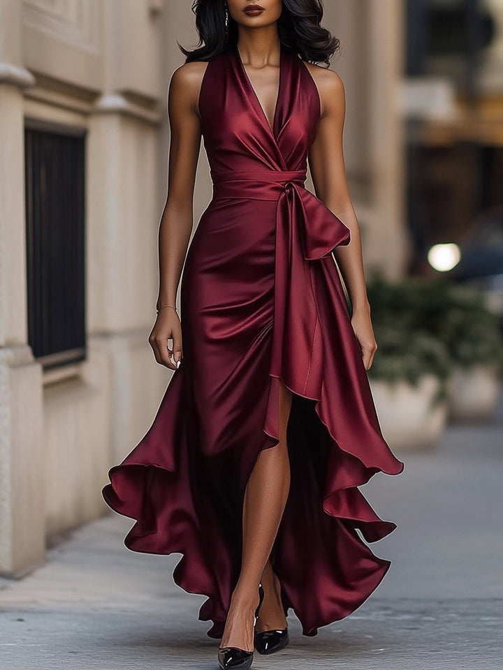 Victoria – Midnight Satin Ruffle Gown