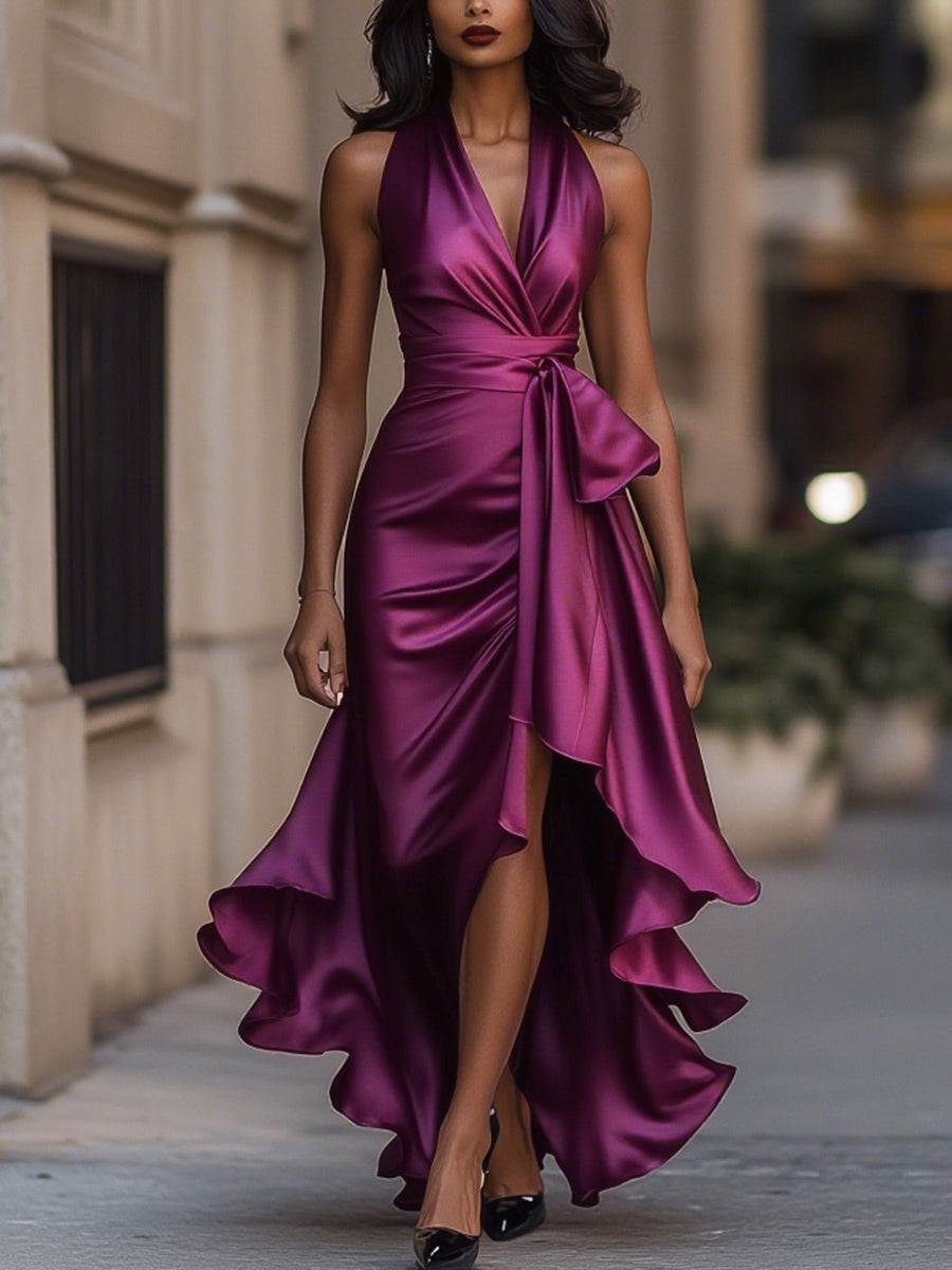 Victoria – Midnight Satin Ruffle Gown