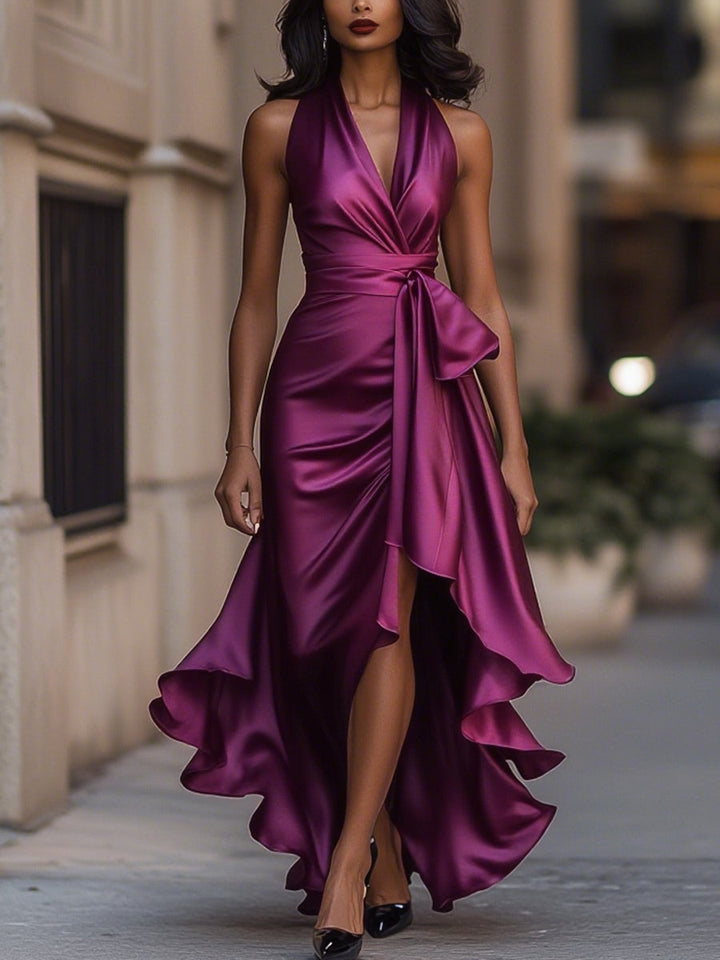 Victoria – Midnight Satin Ruffle Gown
