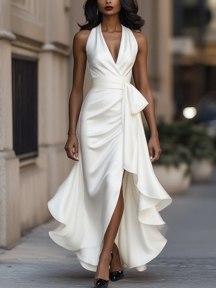Victoria – Midnight Satin Ruffle Gown