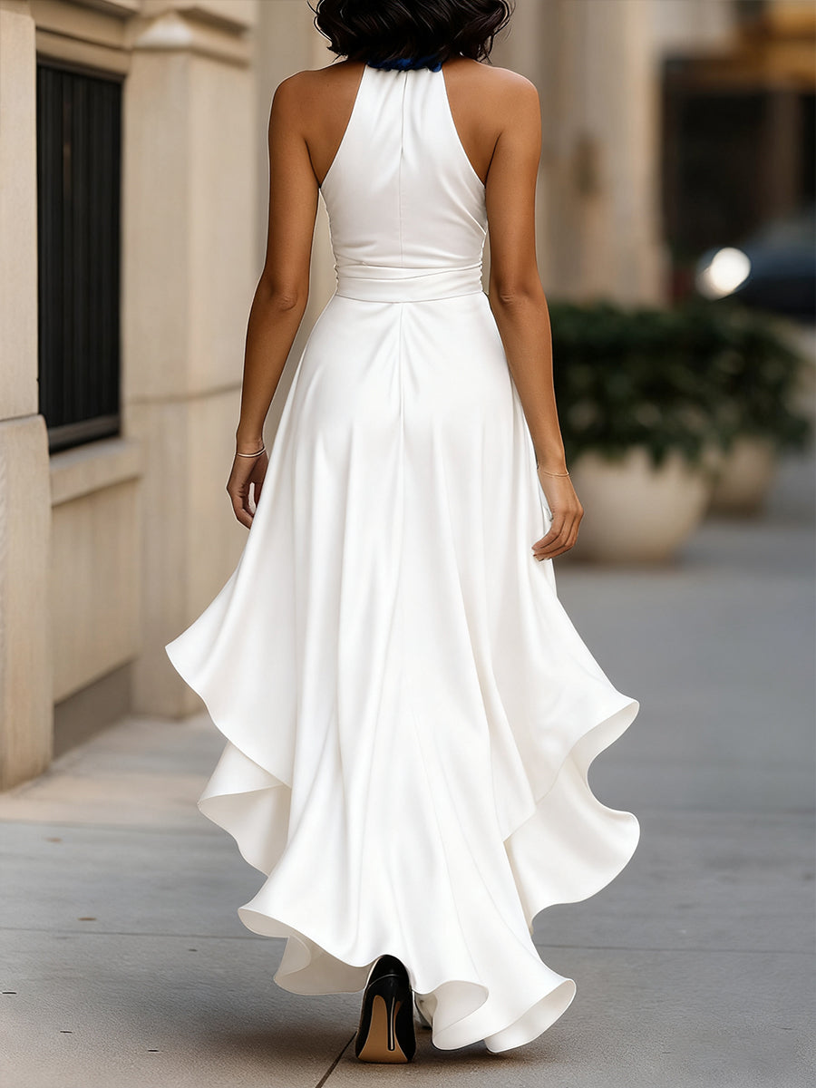 Victoria – Midnight Satin Ruffle Gown