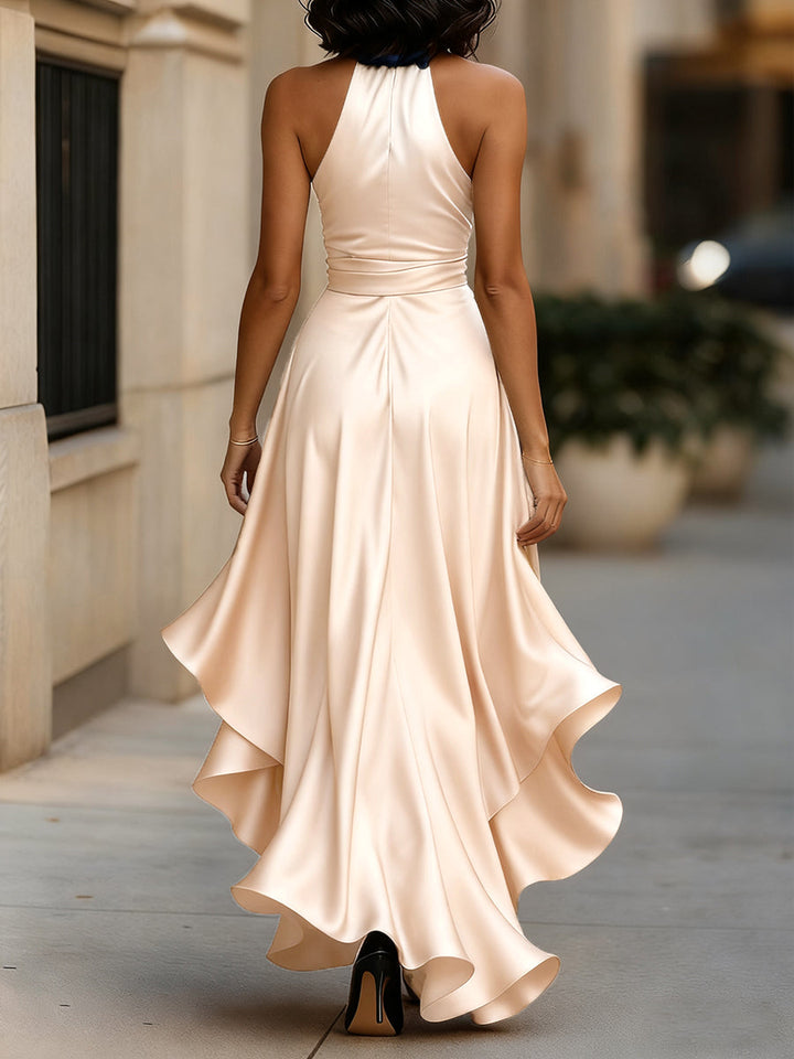 Victoria – Midnight Satin Ruffle Gown