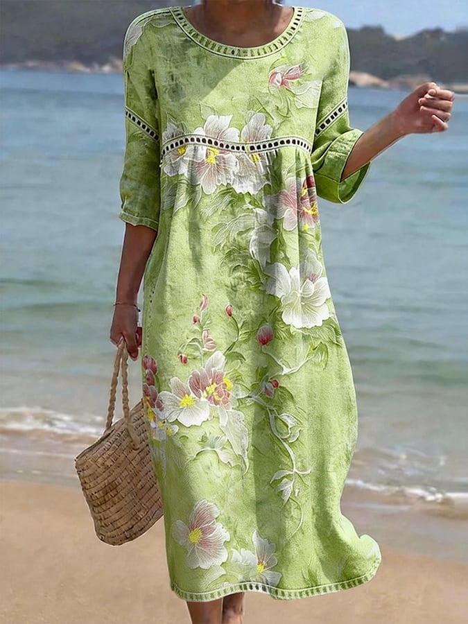 Women'S Casual Color-Block Cotton And Linen Dress