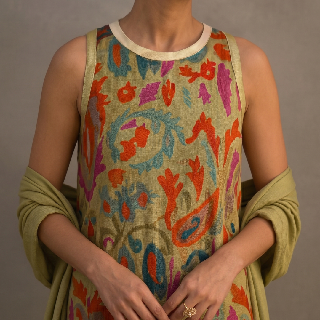 Victoria – Printed Long Dress with Coordinated Gilet