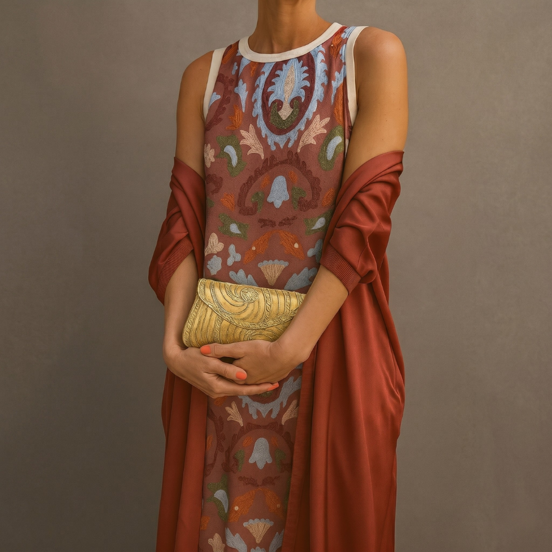 Victoria – Printed Long Dress with Coordinated Gilet