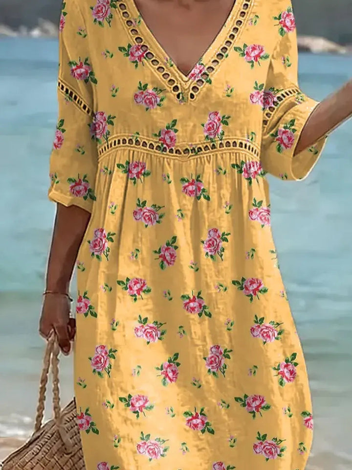 Women's Retro Floral Pattern Art Print Casual Stylish Cotton Linen Dress