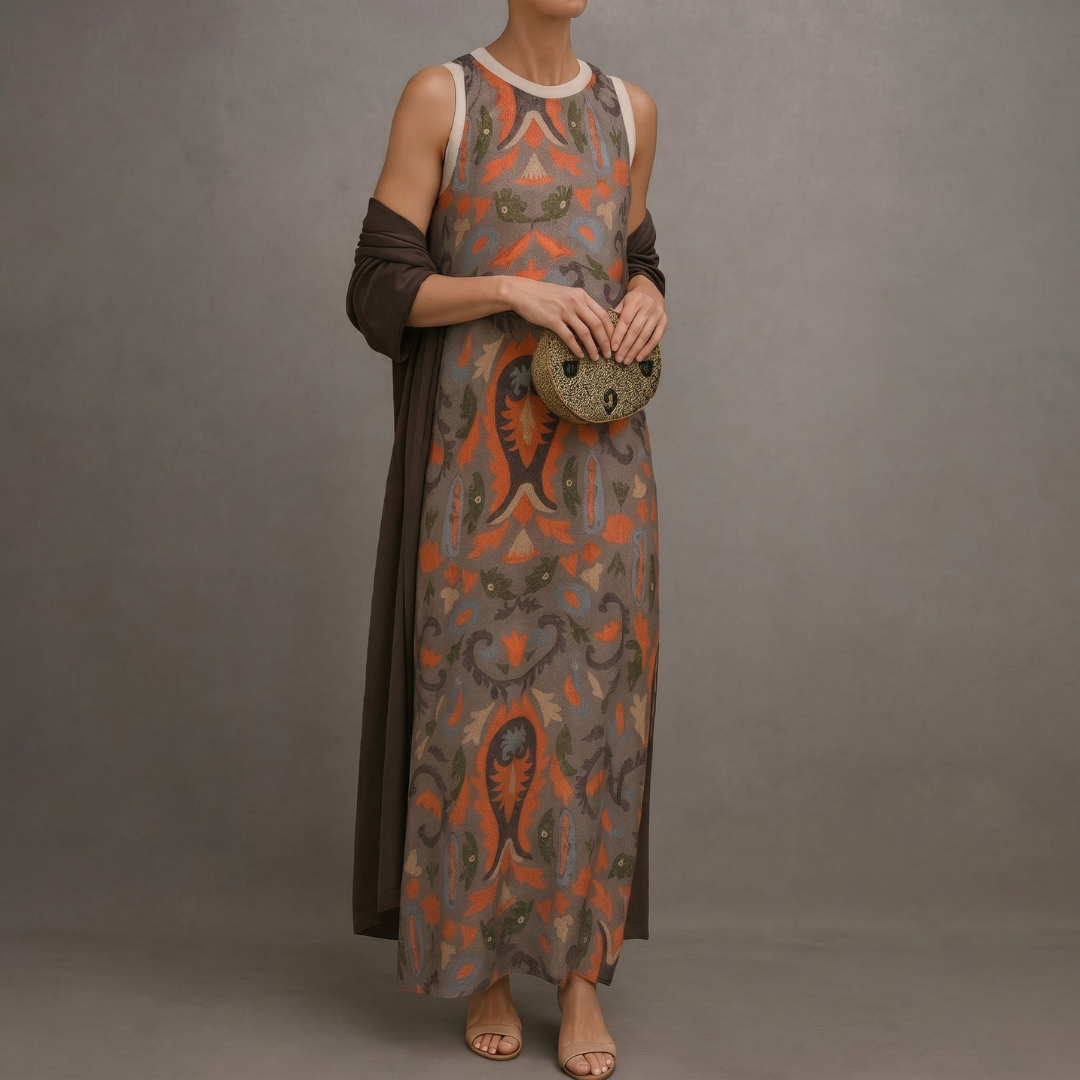 Victoria – Printed Long Dress with Coordinated Gilet