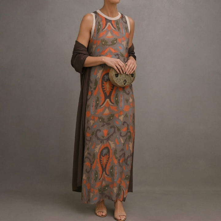 Victoria – Printed Long Dress with Coordinated Gilet