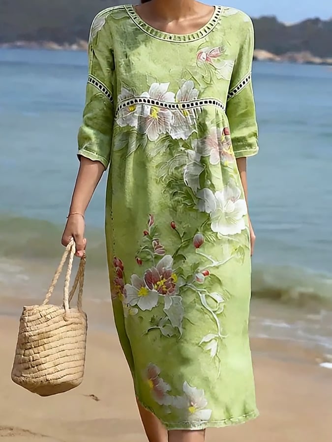 Women'S Casual Color-Block Cotton And Linen Dress