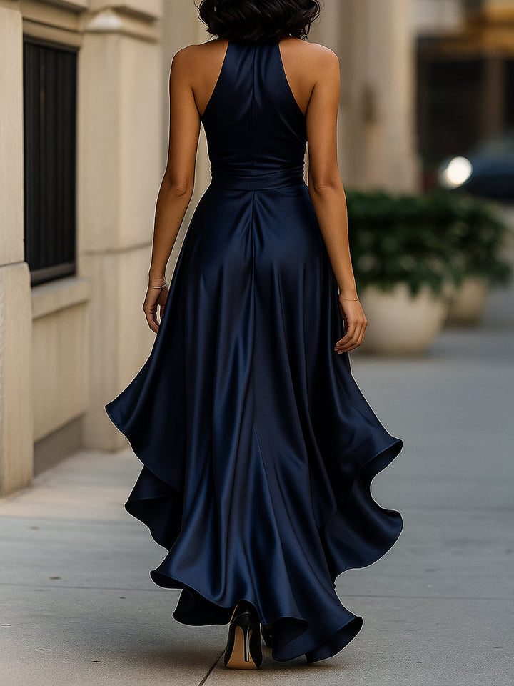 Victoria – Midnight Satin Ruffle Gown