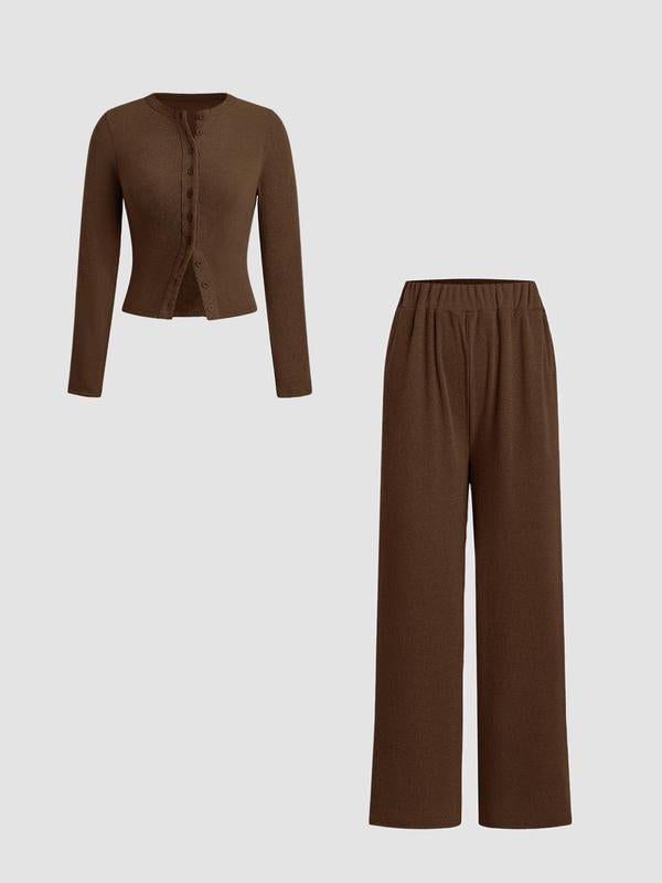 FLORLIE™ - Women’s Ribbed Crop Top & Elastic Waist Pants Casual Set