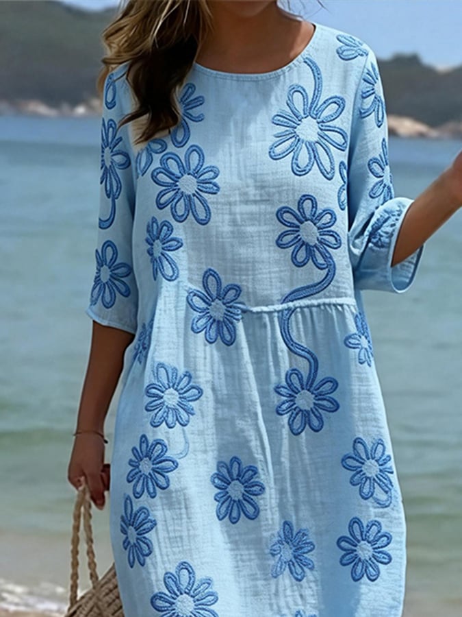 Women's Casual  Round Neck Mid Sleeve Print Cotton and Linen Dress