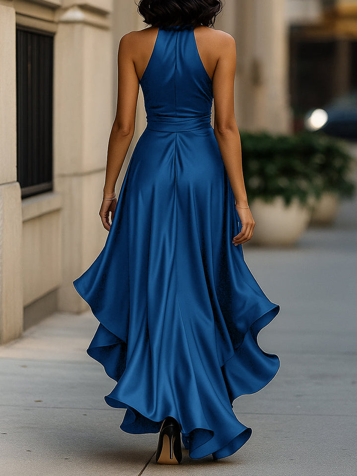 Victoria – Midnight Satin Ruffle Gown