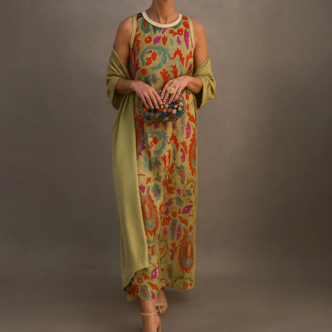 Victoria – Printed Long Dress with Coordinated Gilet