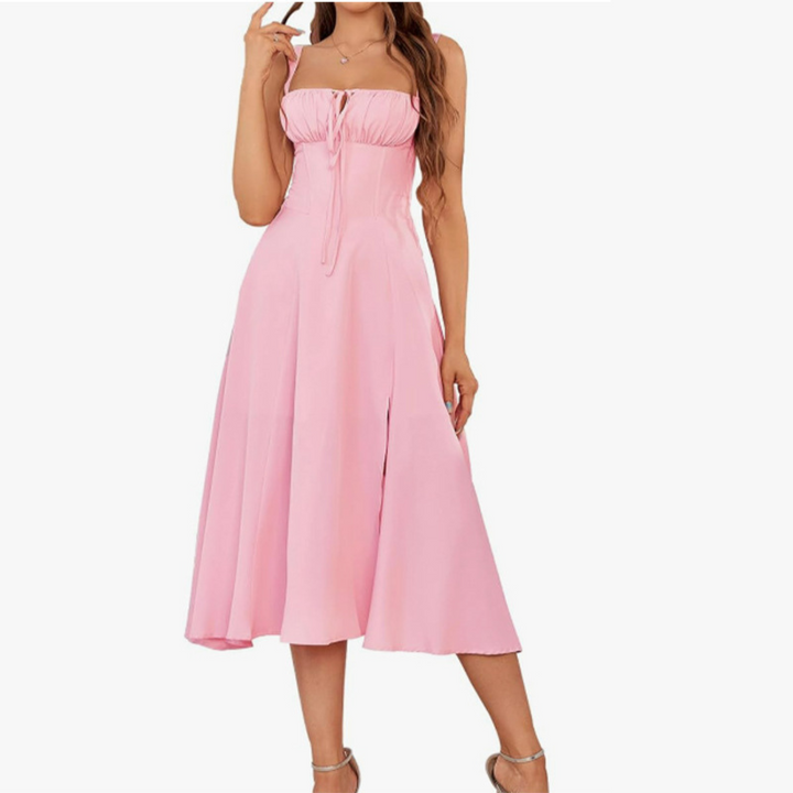 ARIELLOU™ – Elegant Lace-Up Square Neck Midi Dress