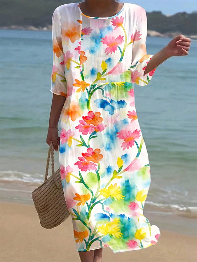 Women's Casual Floral Print Round Neck Dress