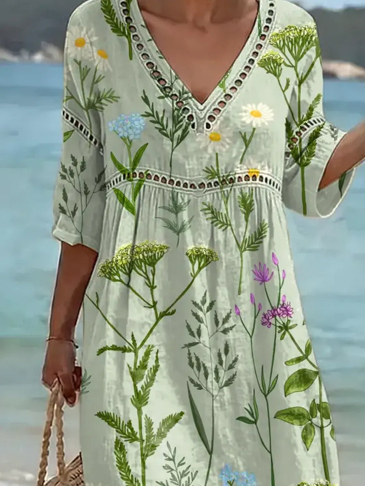 Women's Retro Floral Pattern Art Print Casual Stylish Cotton Linen Dress