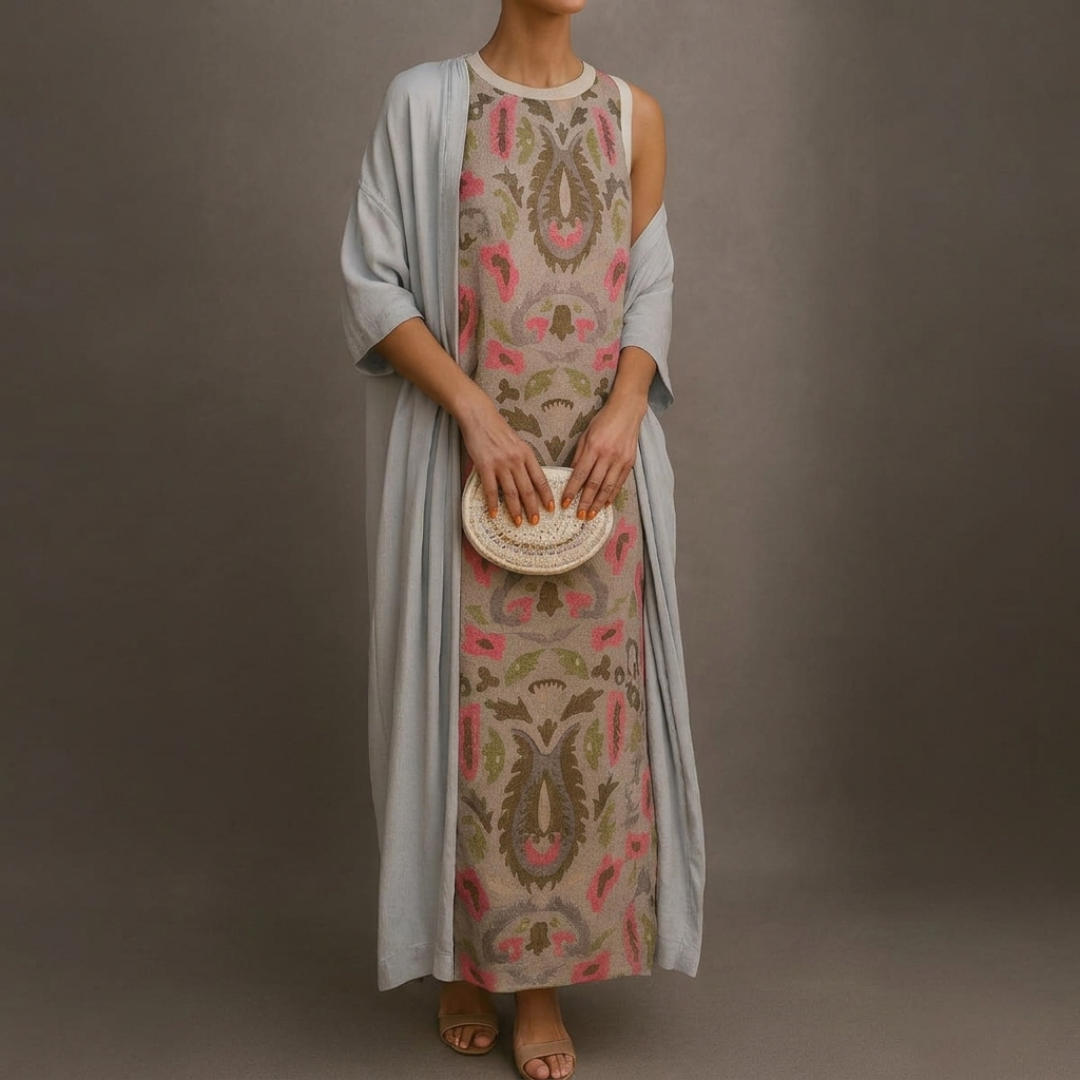 Victoria – Printed Long Dress with Coordinated Gilet