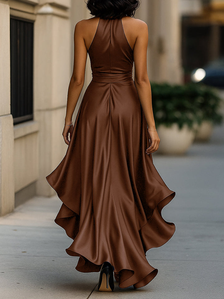 Victoria – Midnight Satin Ruffle Gown
