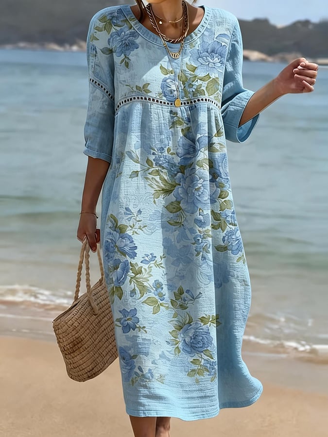 Women'S Casual Color-Block Cotton And Linen Dress