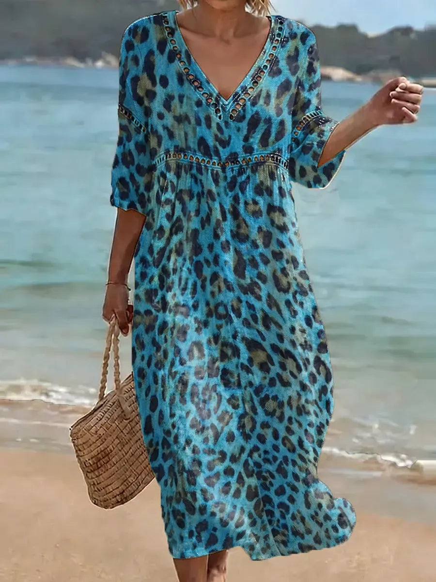 Women's Retro Leopard Pattern Art Print Casual Stylish Cotton Linen Dress
