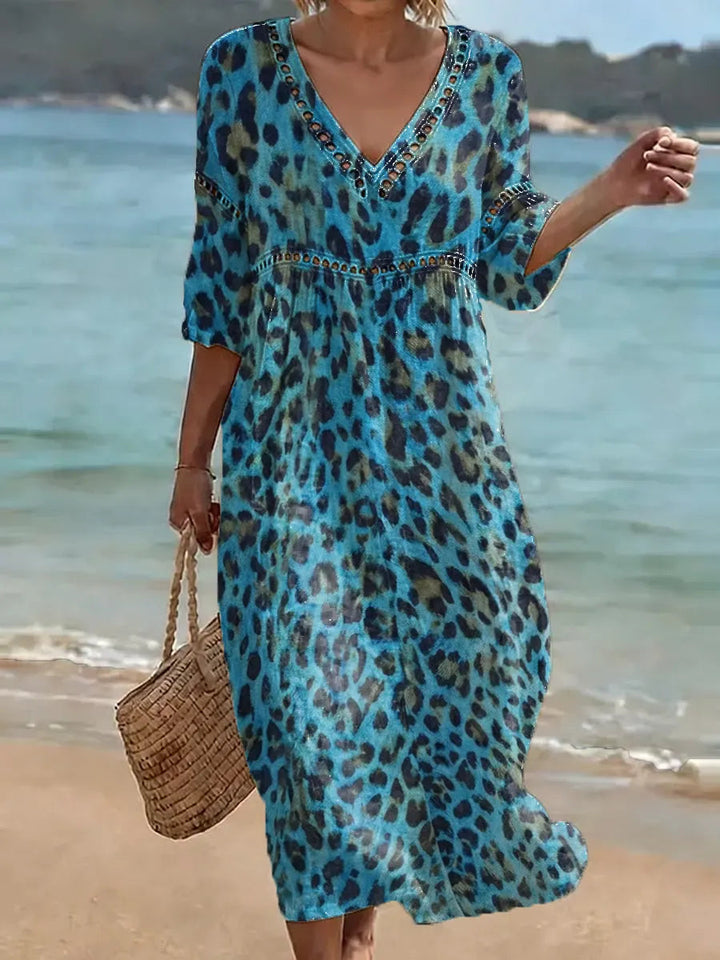 Women's Retro Leopard Pattern Art Print Casual Stylish Cotton Linen Dress
