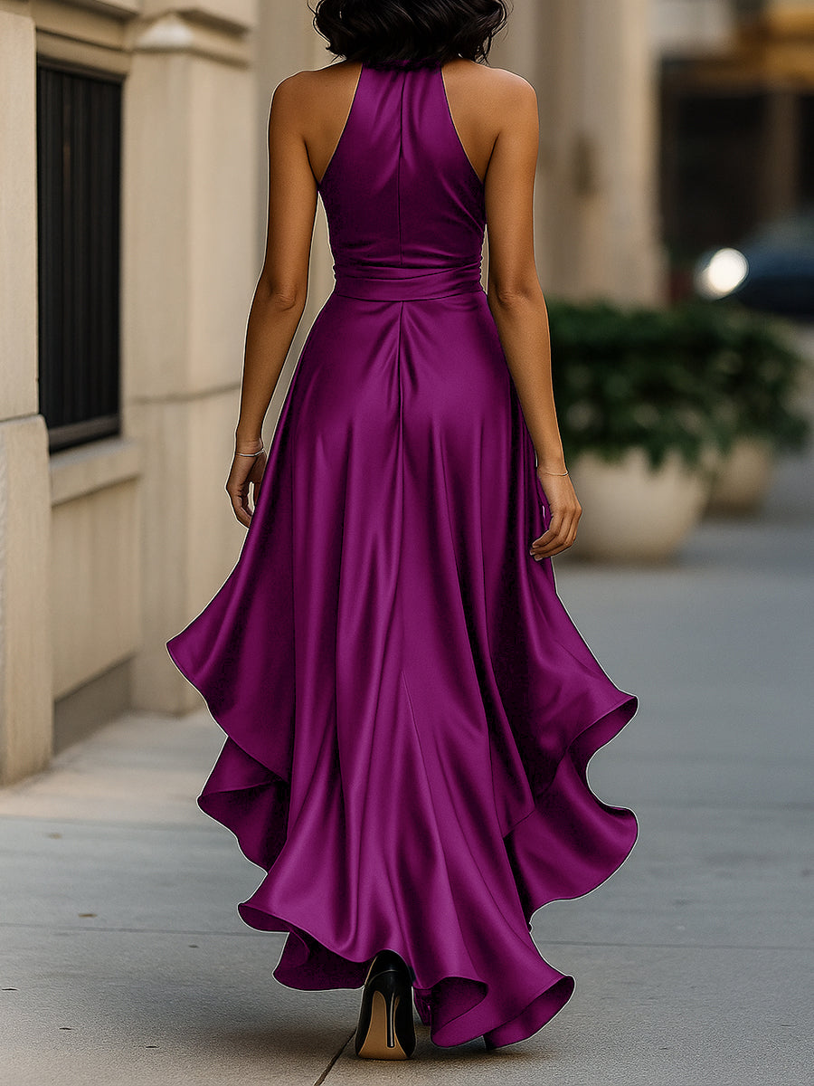 Victoria – Midnight Satin Ruffle Gown