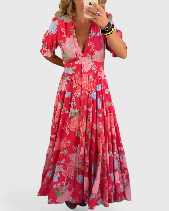Brittany – Elegant Floral V-neck Dress