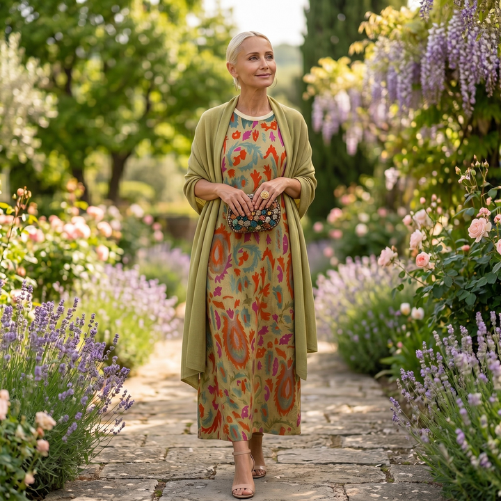 Victoria – Printed Long Dress with Coordinated Gilet