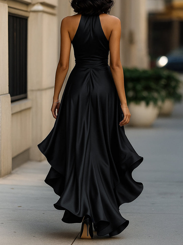 Victoria – Midnight Satin Ruffle Gown