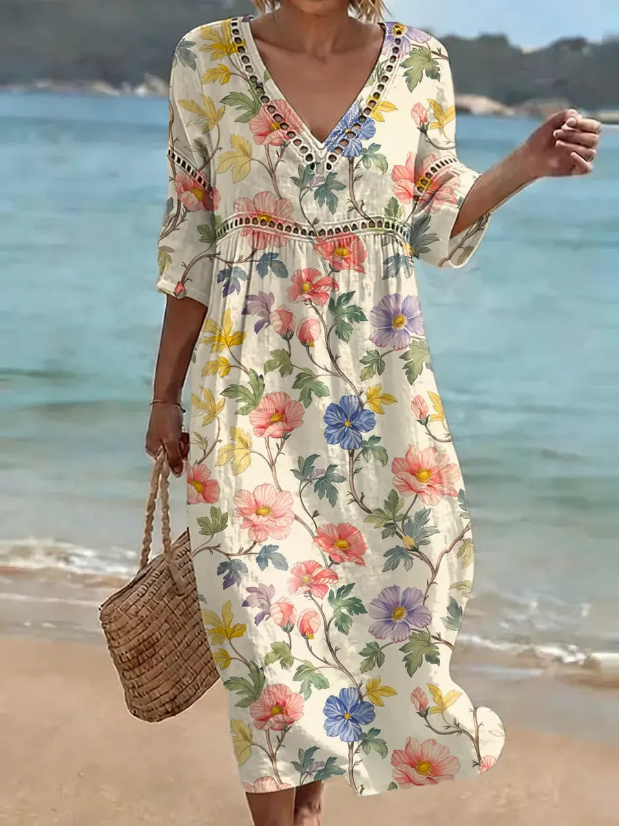 Women's Retro Floral Pattern Art Print Casual Stylish Cotton Linen Dress