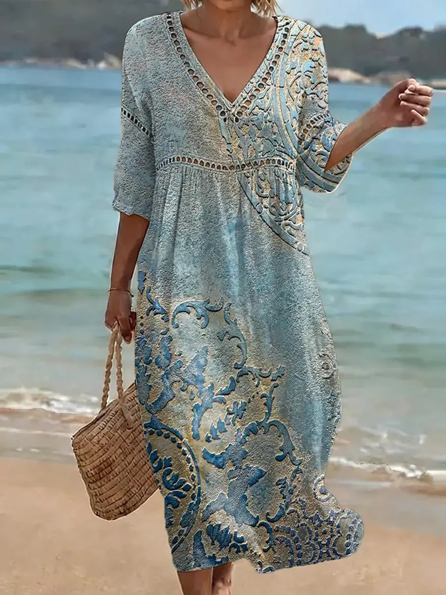 Women's Retro Floral Pattern Art Print Casual Stylish Cotton Linen Dress