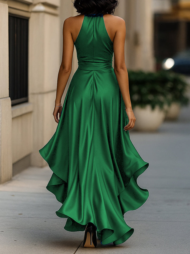Victoria – Midnight Satin Ruffle Gown