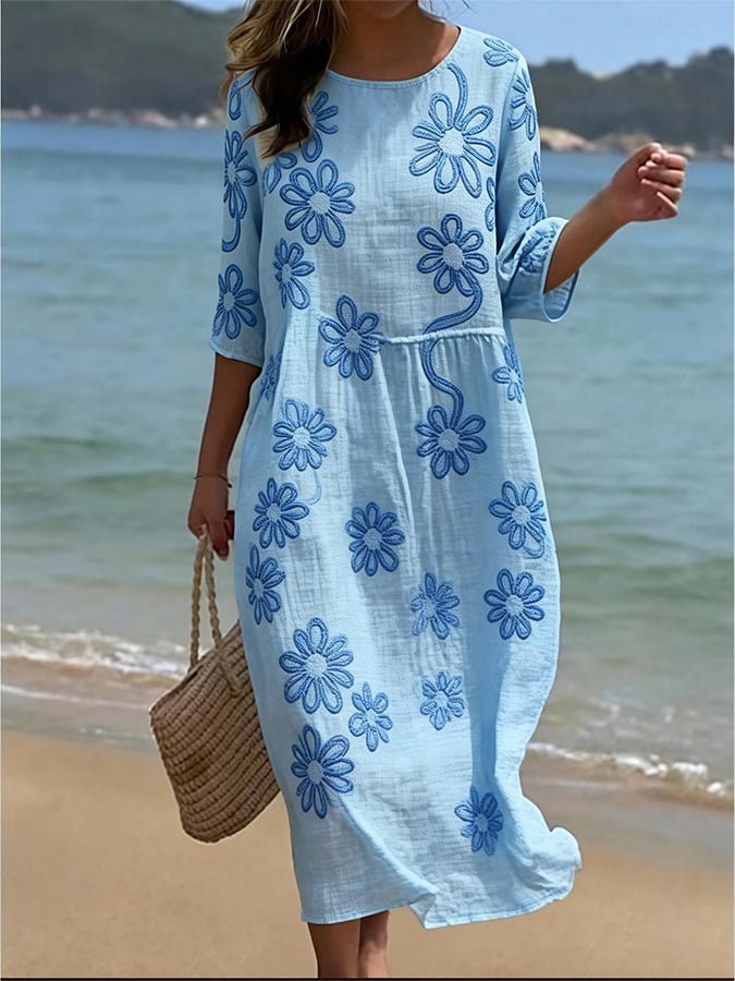 Women's Casual  Round Neck Mid Sleeve Print Cotton and Linen Dress