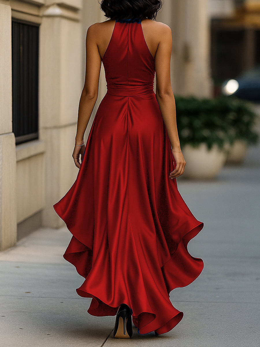 Victoria – Midnight Satin Ruffle Gown