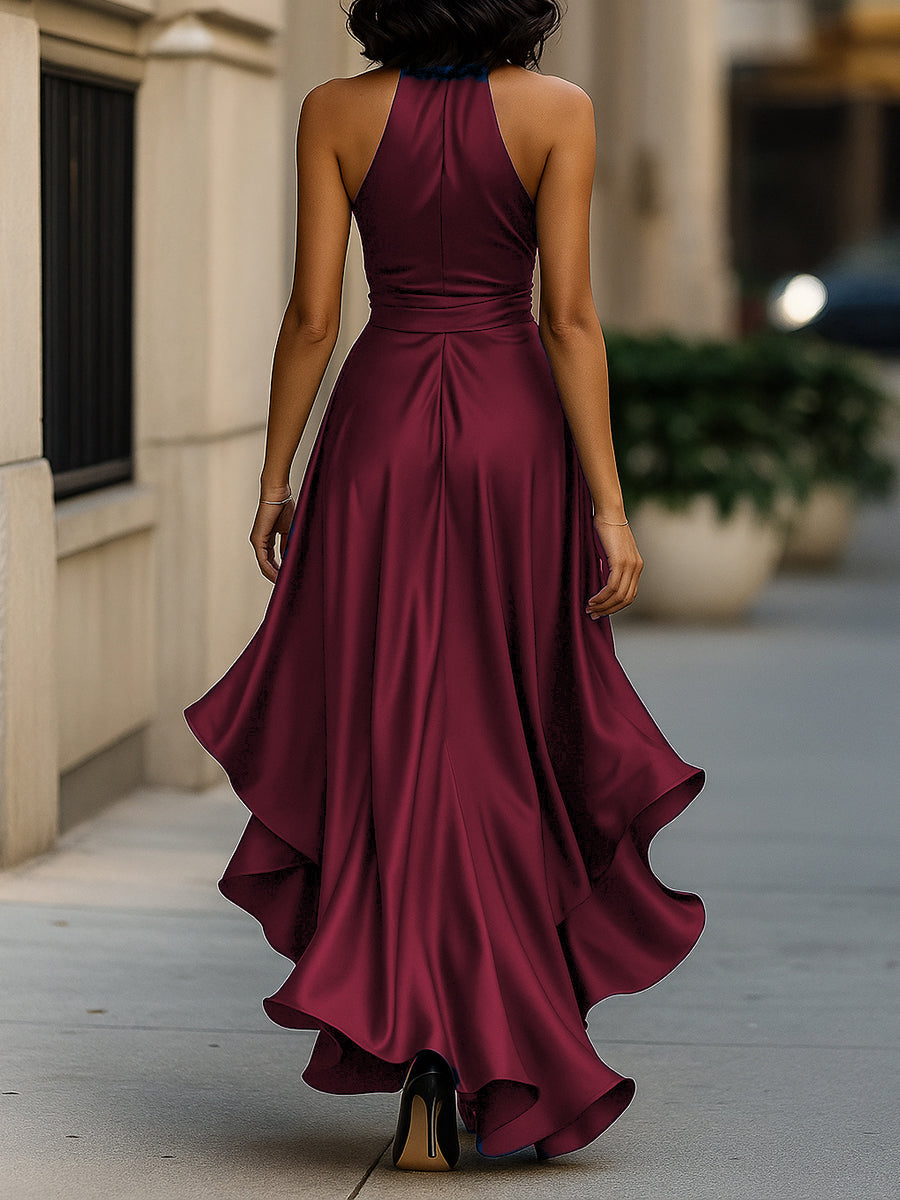 Victoria – Midnight Satin Ruffle Gown