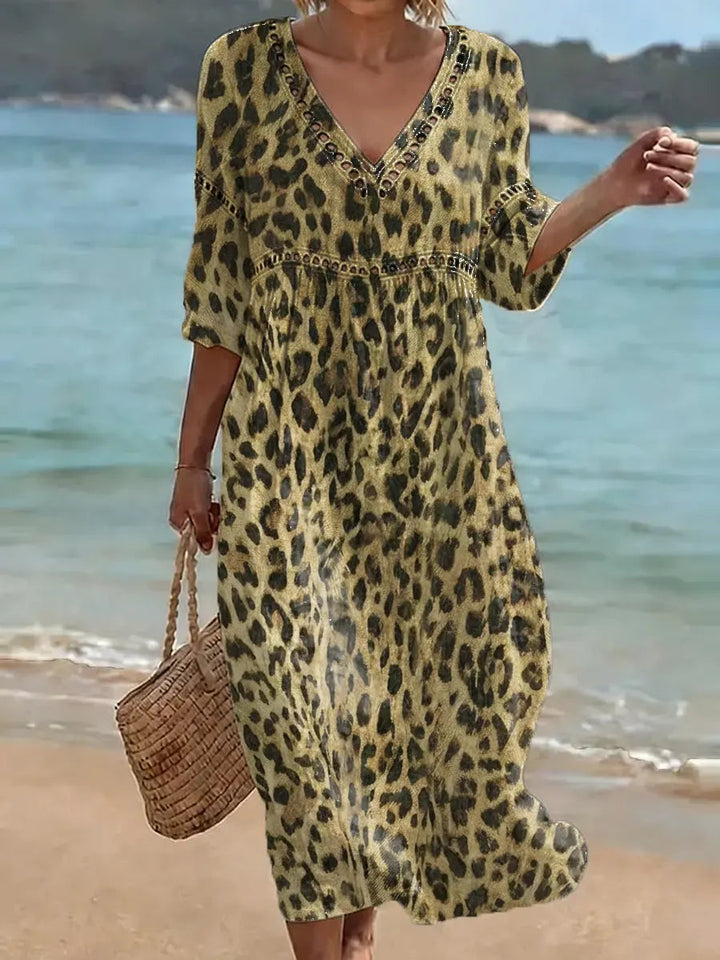 Women's Retro Leopard Pattern Art Print Casual Stylish Cotton Linen Dress