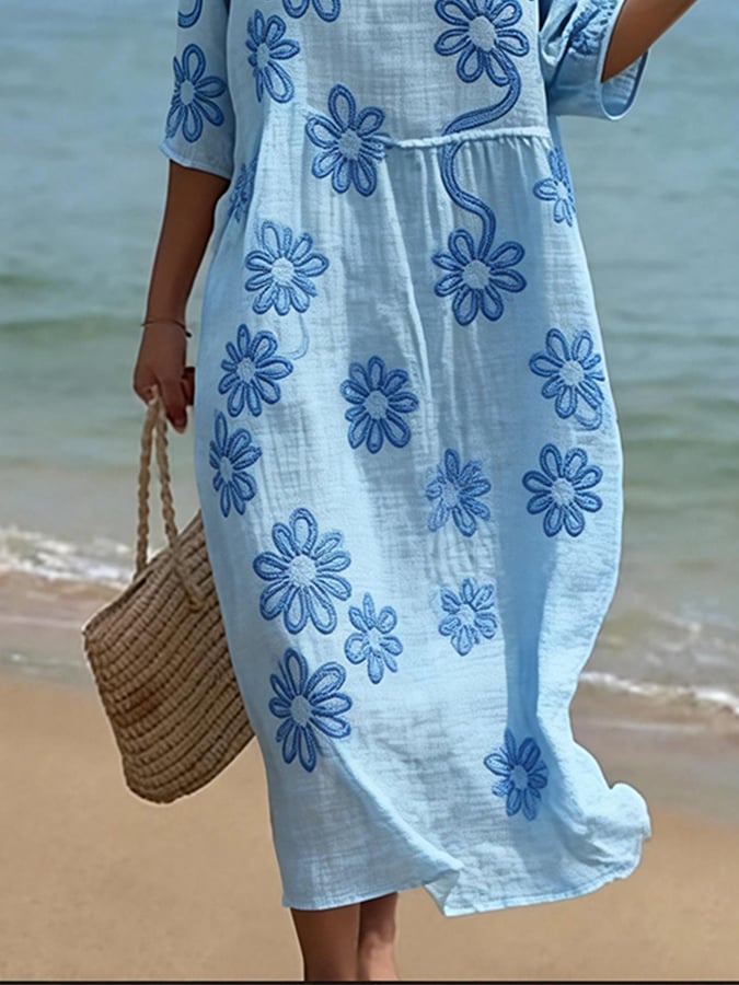 Women's Casual  Round Neck Mid Sleeve Print Cotton and Linen Dress