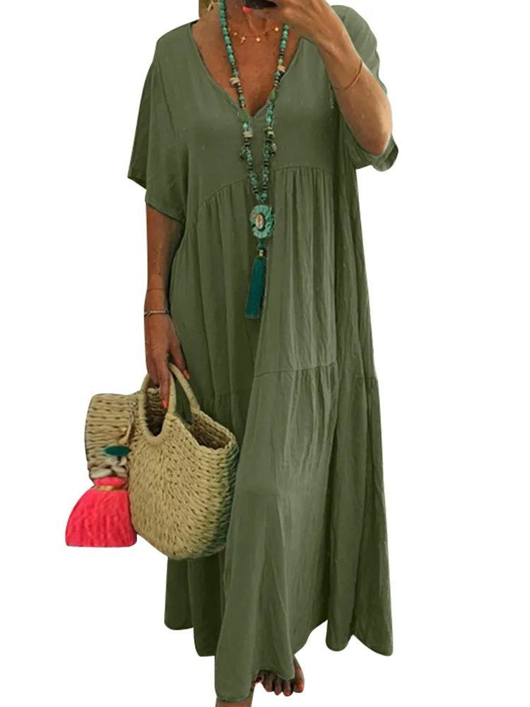 LINNEA™ – Soft Ruffle V-Neck Maxi Dress
