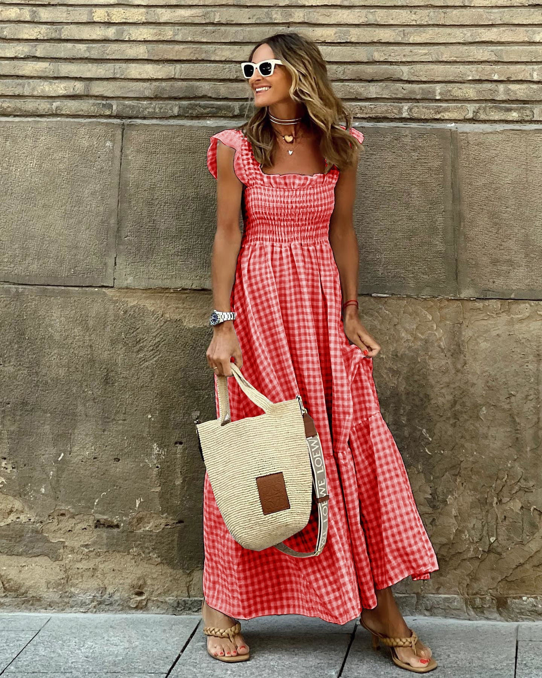 NANCY™ - Chic Retro Plaid Smocked Dress