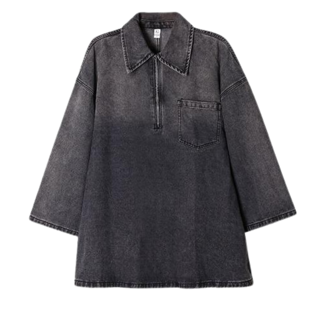 MARIA™ - Loose Fit Denim Dress with Chest Pocket Half-Zip Collared Neck