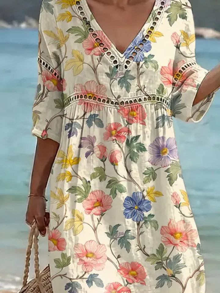 Women's Retro Floral Pattern Art Print Casual Stylish Cotton Linen Dress