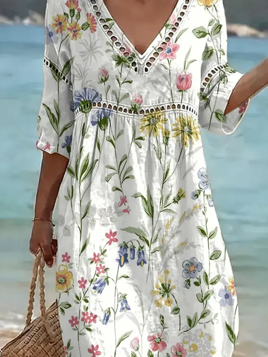 Women's Floral Pattern Art Print Casual Stylish Cotton Linen Dress