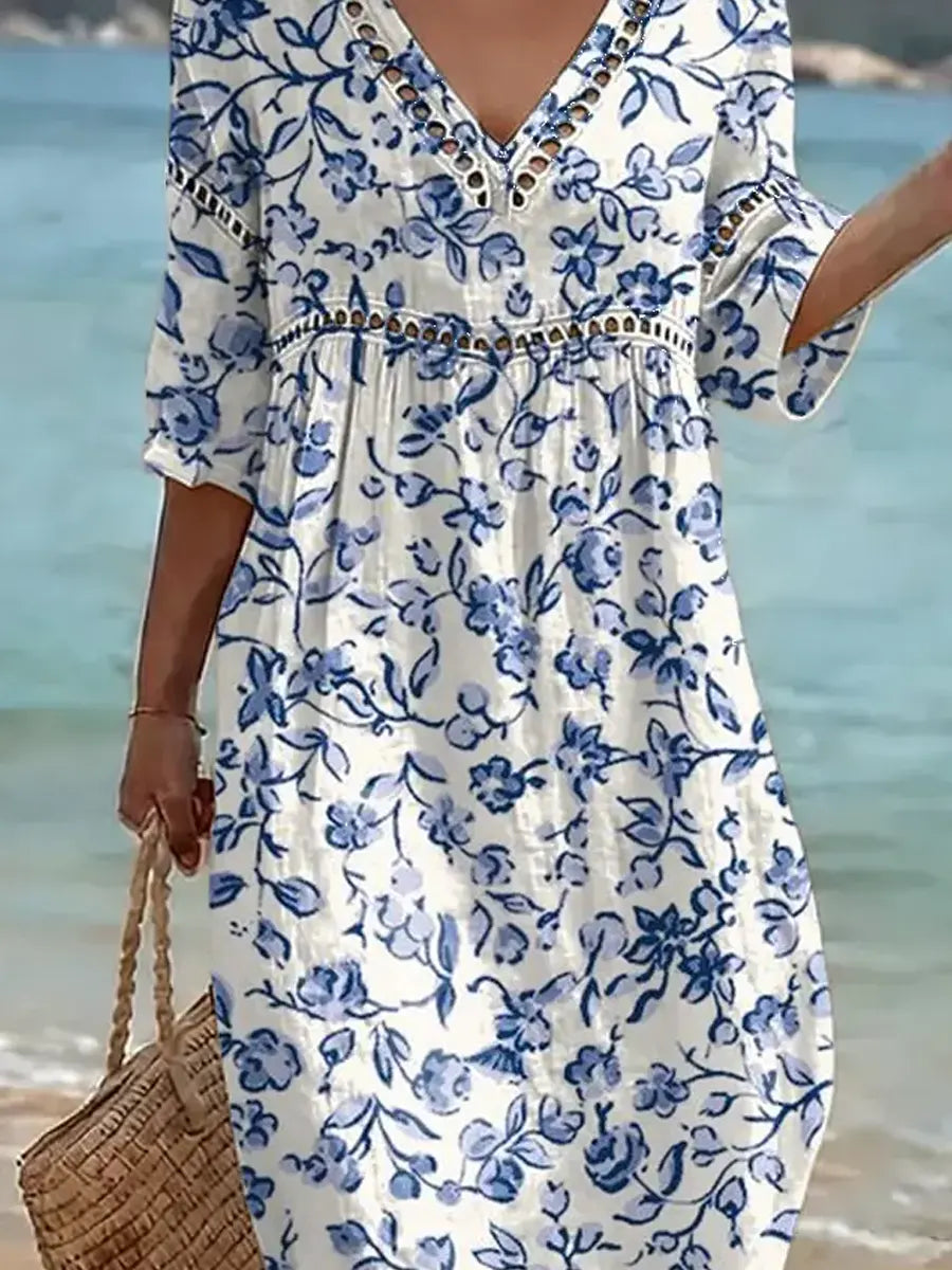 Women's Retro Floral Pattern Art Print Casual Stylish Cotton Linen Dress