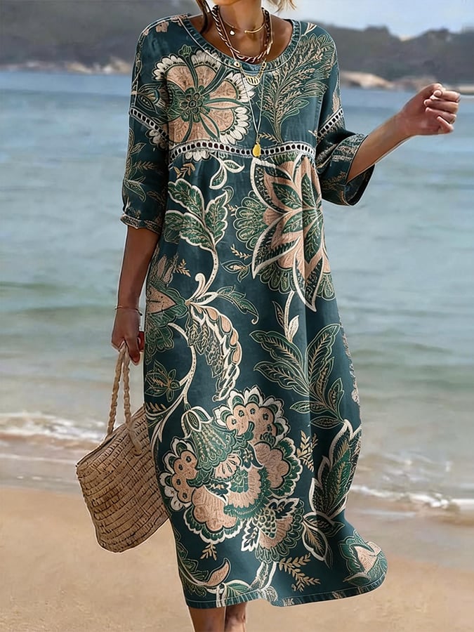Women'S Casual Color-Block Cotton And Linen Dress