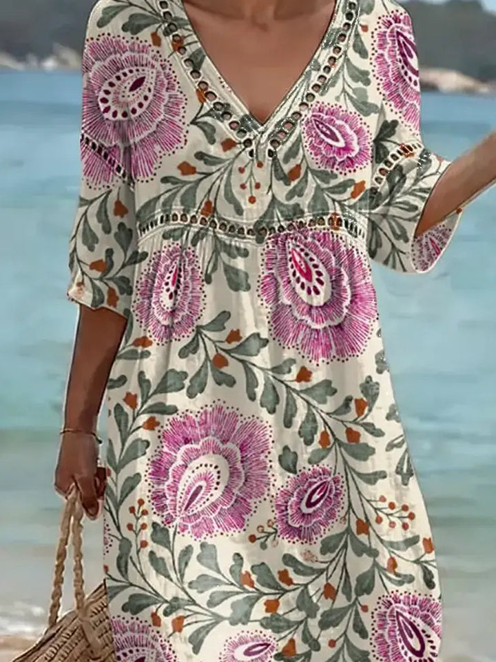 Women's Retro Floral Pattern Art Print Casual Stylish Cotton Linen Dress