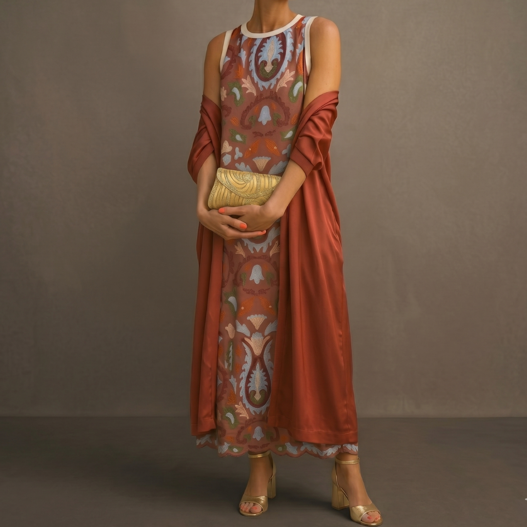 Victoria – Printed Long Dress with Coordinated Gilet