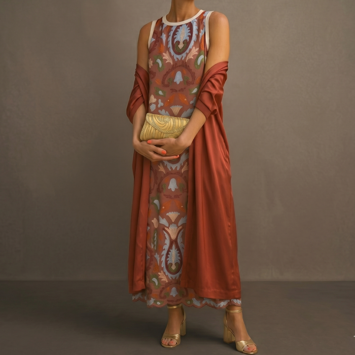 Victoria – Printed Long Dress with Coordinated Gilet