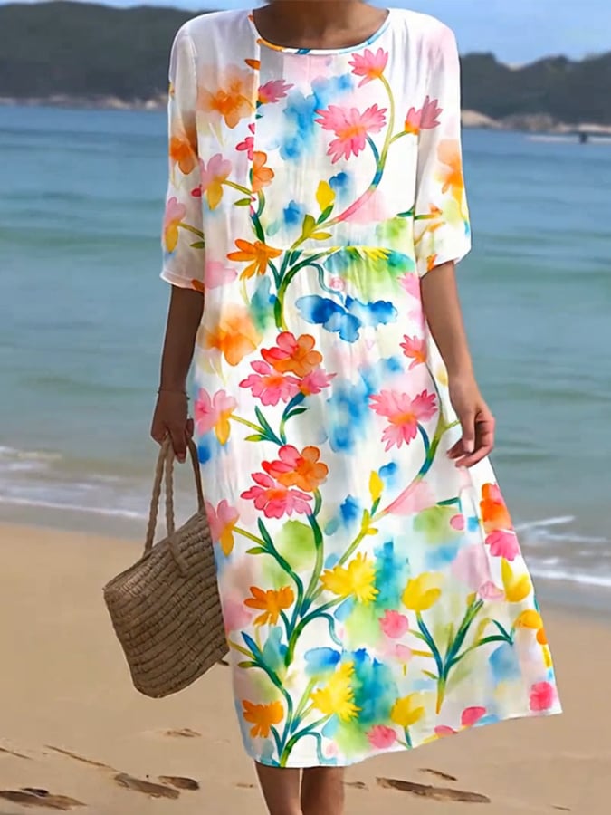 Women's Casual Floral Print Round Neck Dress